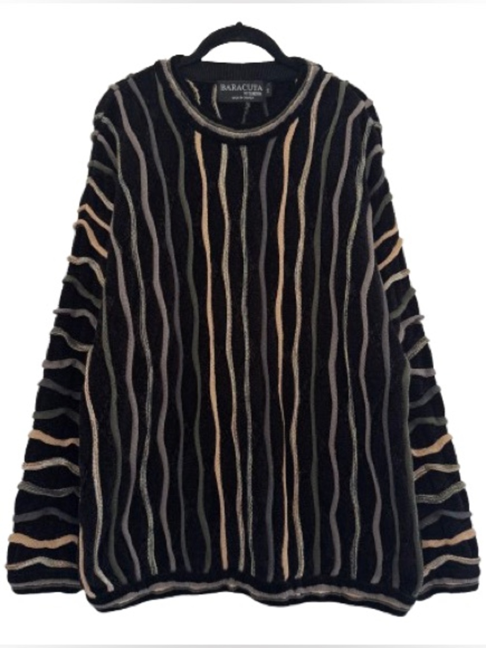 Vintage 90s Baracuta by Tundra Crewneck Sweater 3D Knit Black Multicolor